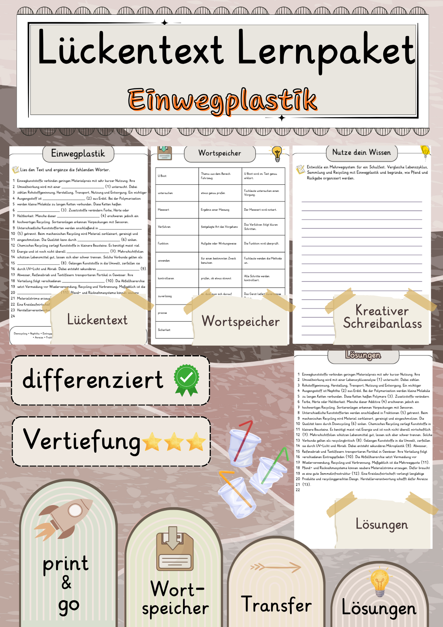 Einwegplastik  Lückentext Vertiefung mit Wortspeicher und Transferaufgabe + Lösungen