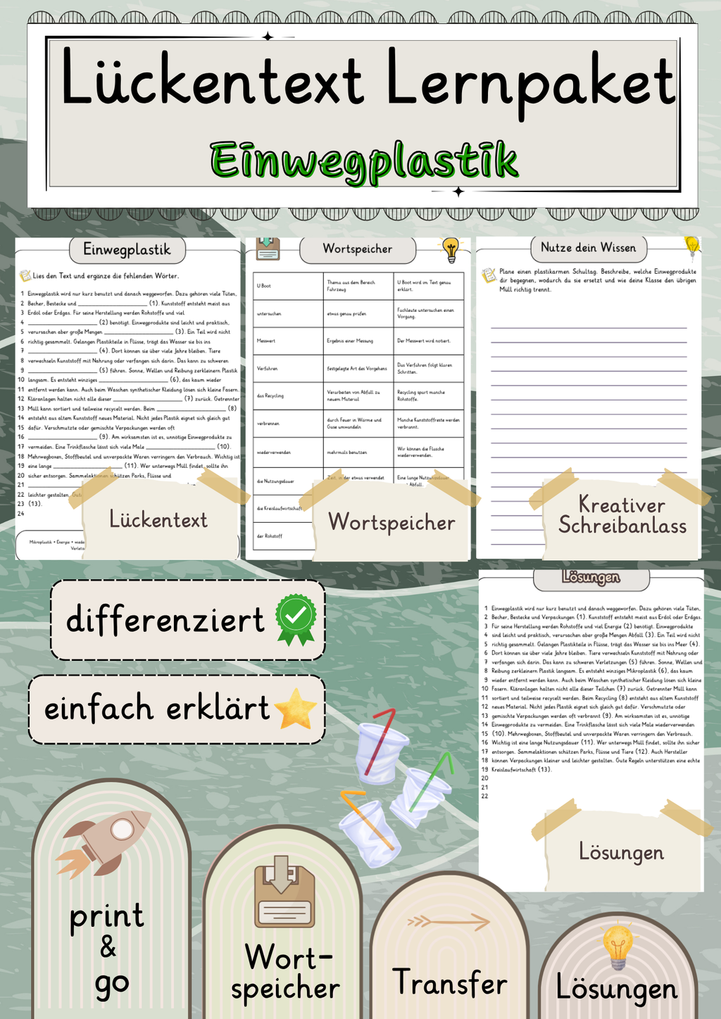 Einwegplastik Lückentext mit Wortspeicher und Transferaufgabe + Lösungen einfach erklärt