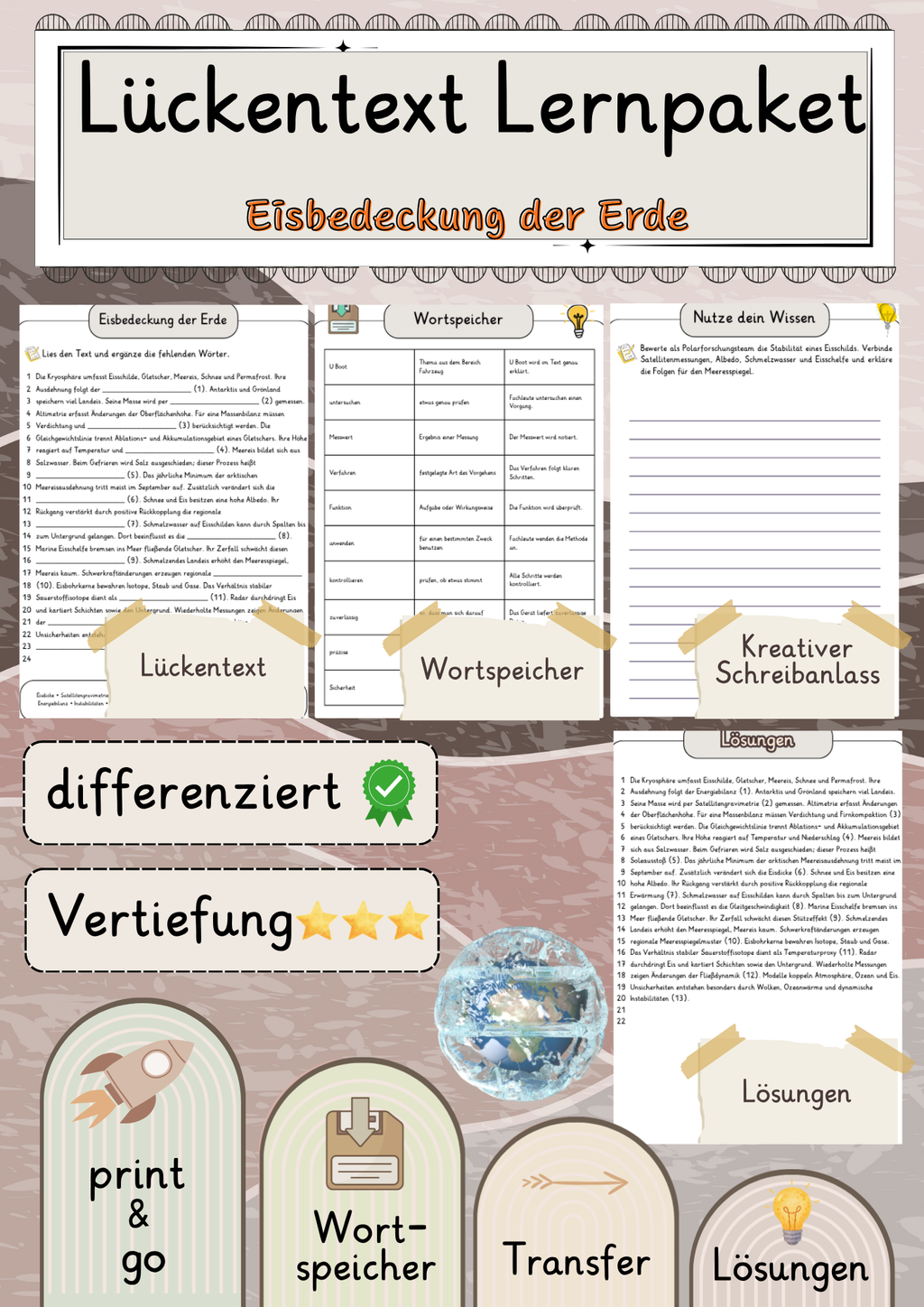 Eisbedeckung der Erde  Lückentext Vertiefung mit Wortspeicher und Transferaufgabe + Lösungen