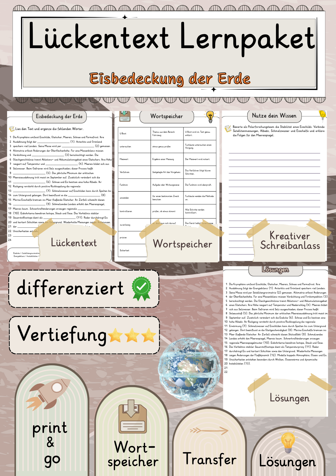 Eisbedeckung der Erde  Lückentext Vertiefung mit Wortspeicher und Transferaufgabe + Lösungen