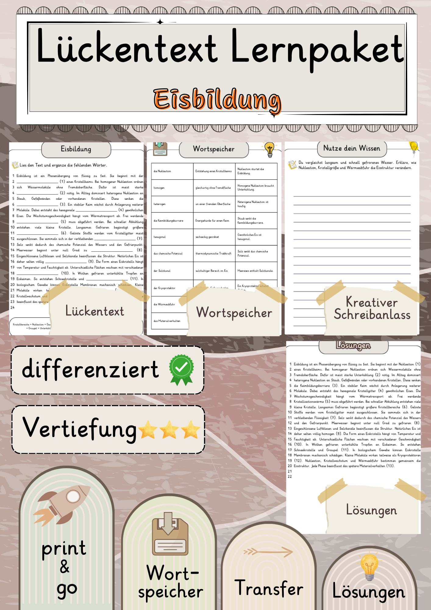 Eisbildung  Lückentext Vertiefung mit Wortspeicher und Transferaufgabe + Lösungen