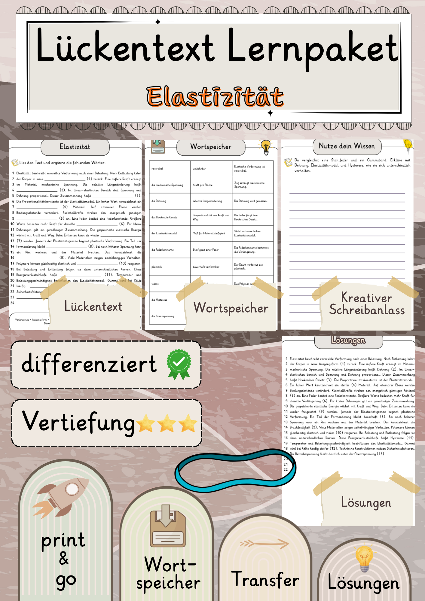 Elastizität  Lückentext Vertiefung mit Wortspeicher und Transferaufgabe + Lösungen