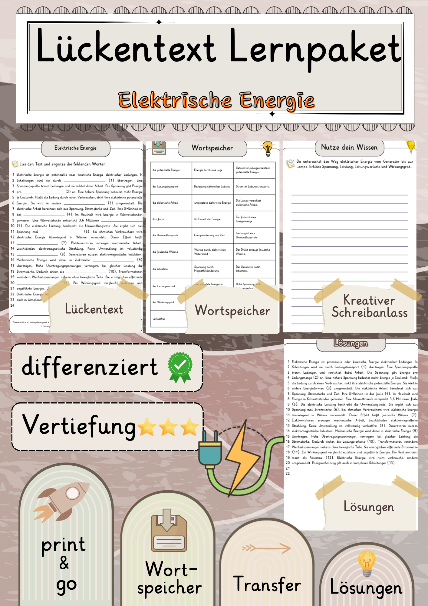 Elektrische Energie  Lückentext Vertiefung mit Wortspeicher und Transferaufgabe + Lösungen