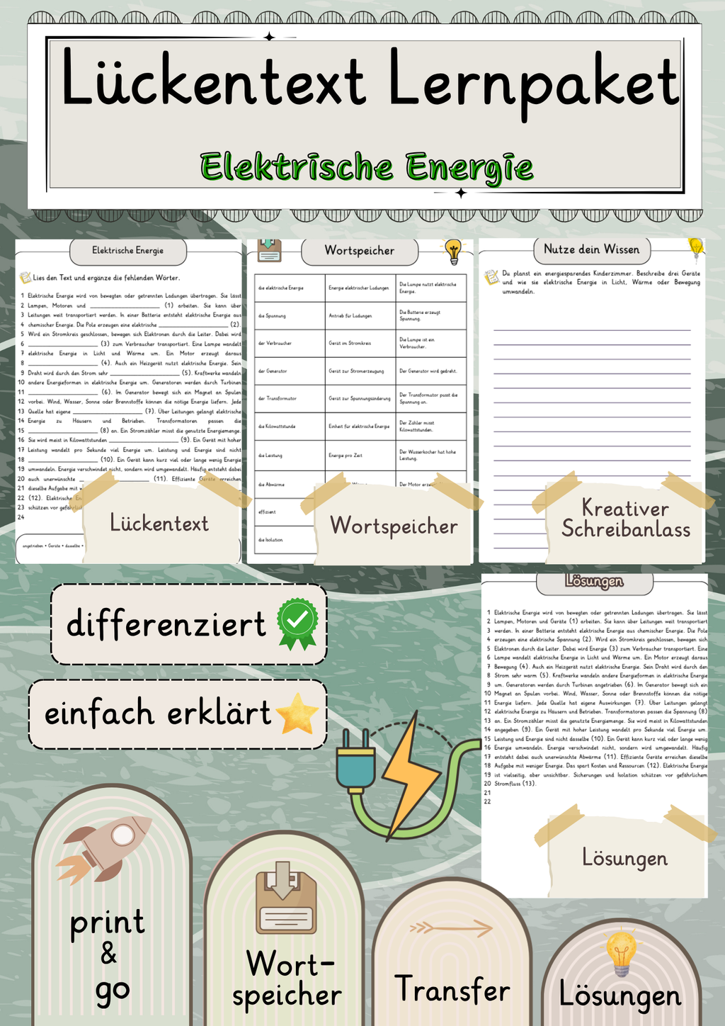 Elektrische Energie Lückentext mit Wortspeicher und Transferaufgabe + Lösungen einfach erklärt