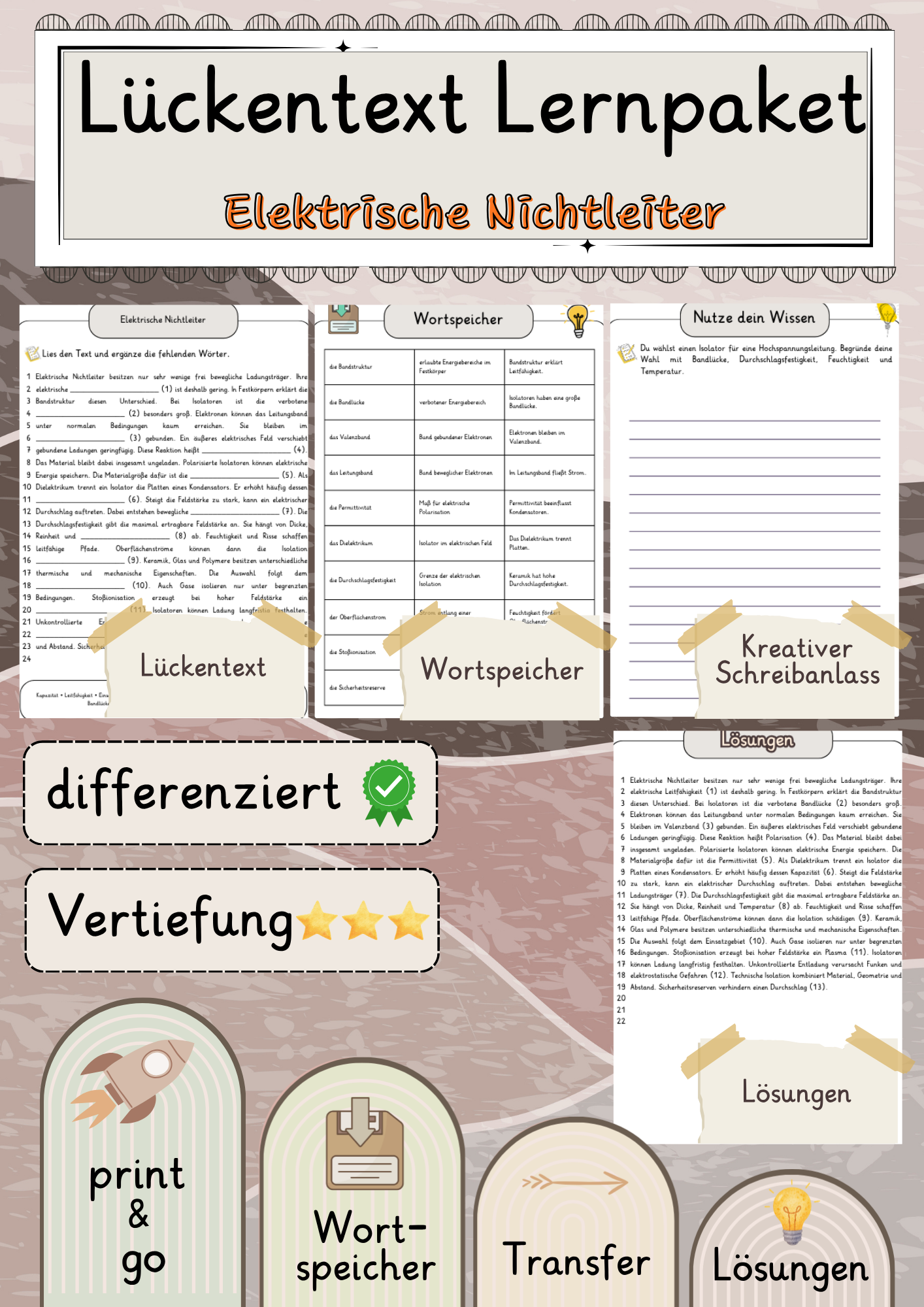 Elektrische Nichtleiter  Lückentext Vertiefung mit Wortspeicher und Transferaufgabe + Lösungen