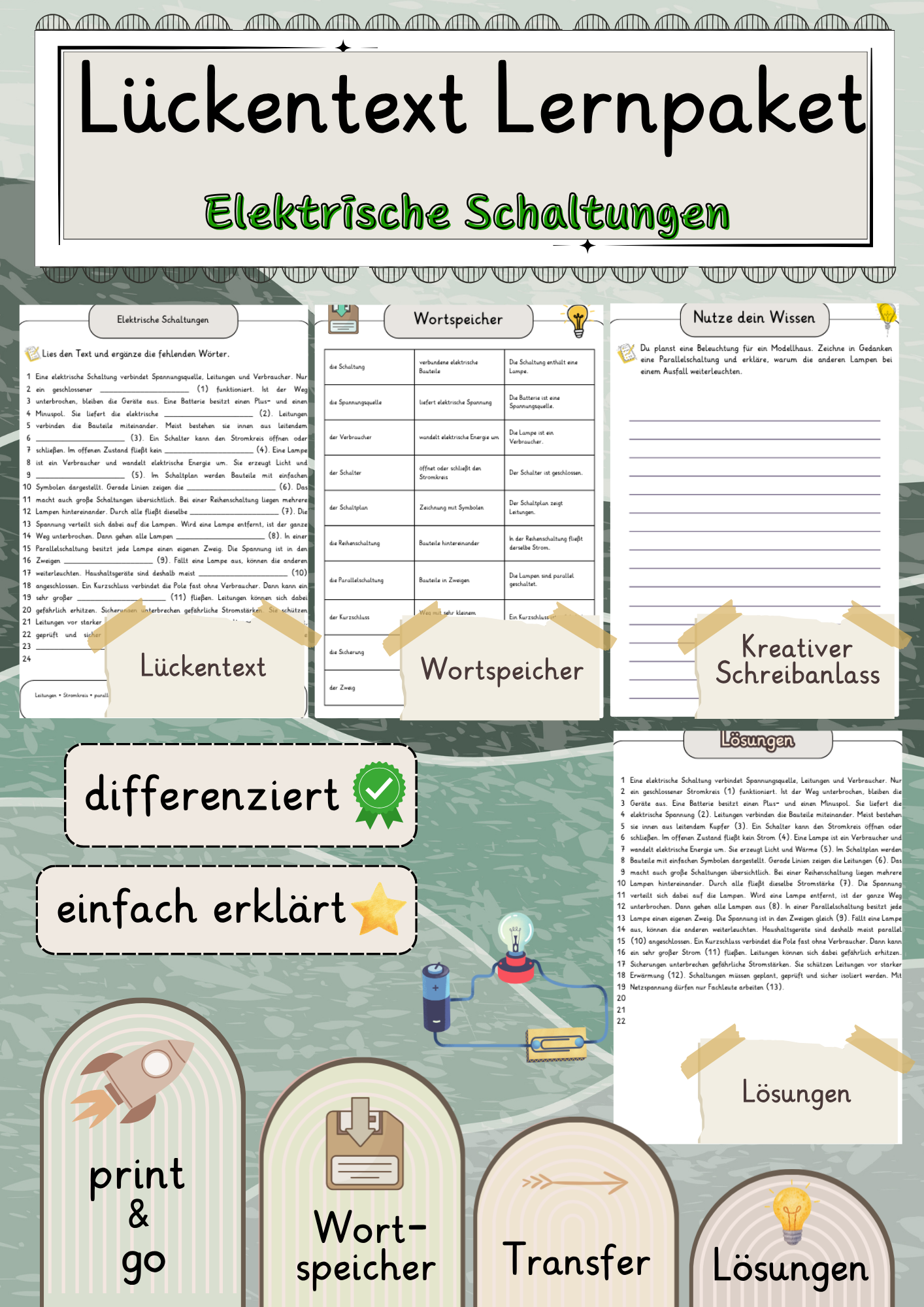 Elektrische Schaltungen Lückentext mit Wortspeicher und Transferaufgabe + Lösungen einfach erklärt