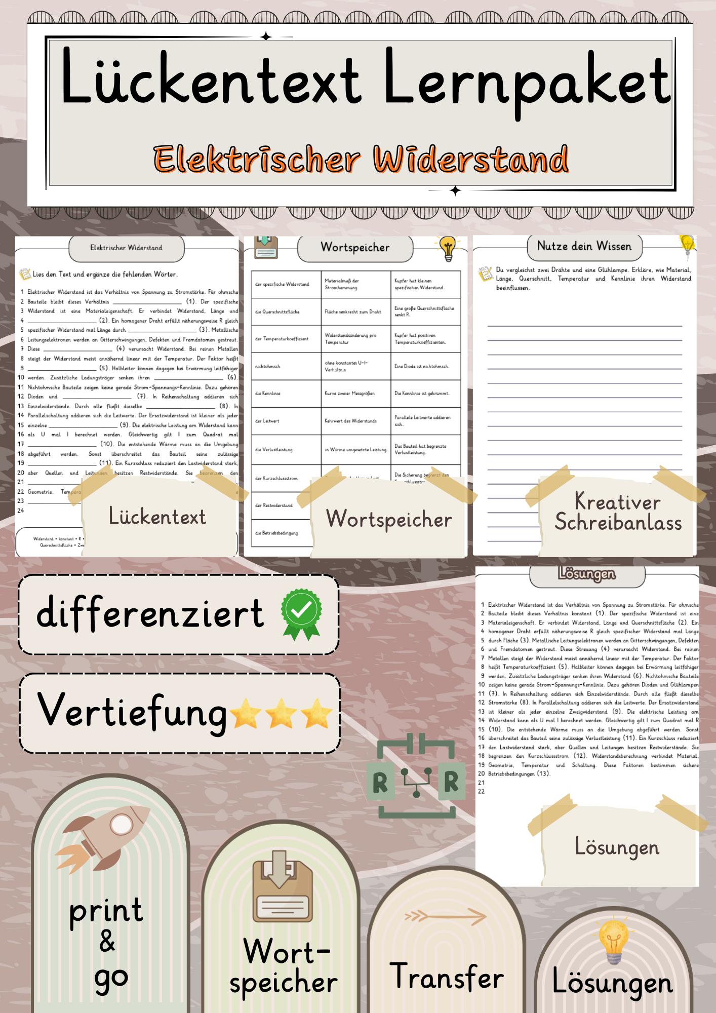 Elektrischer Widerstand  Lückentext Vertiefung mit Wortspeicher und Transferaufgabe + Lösungen