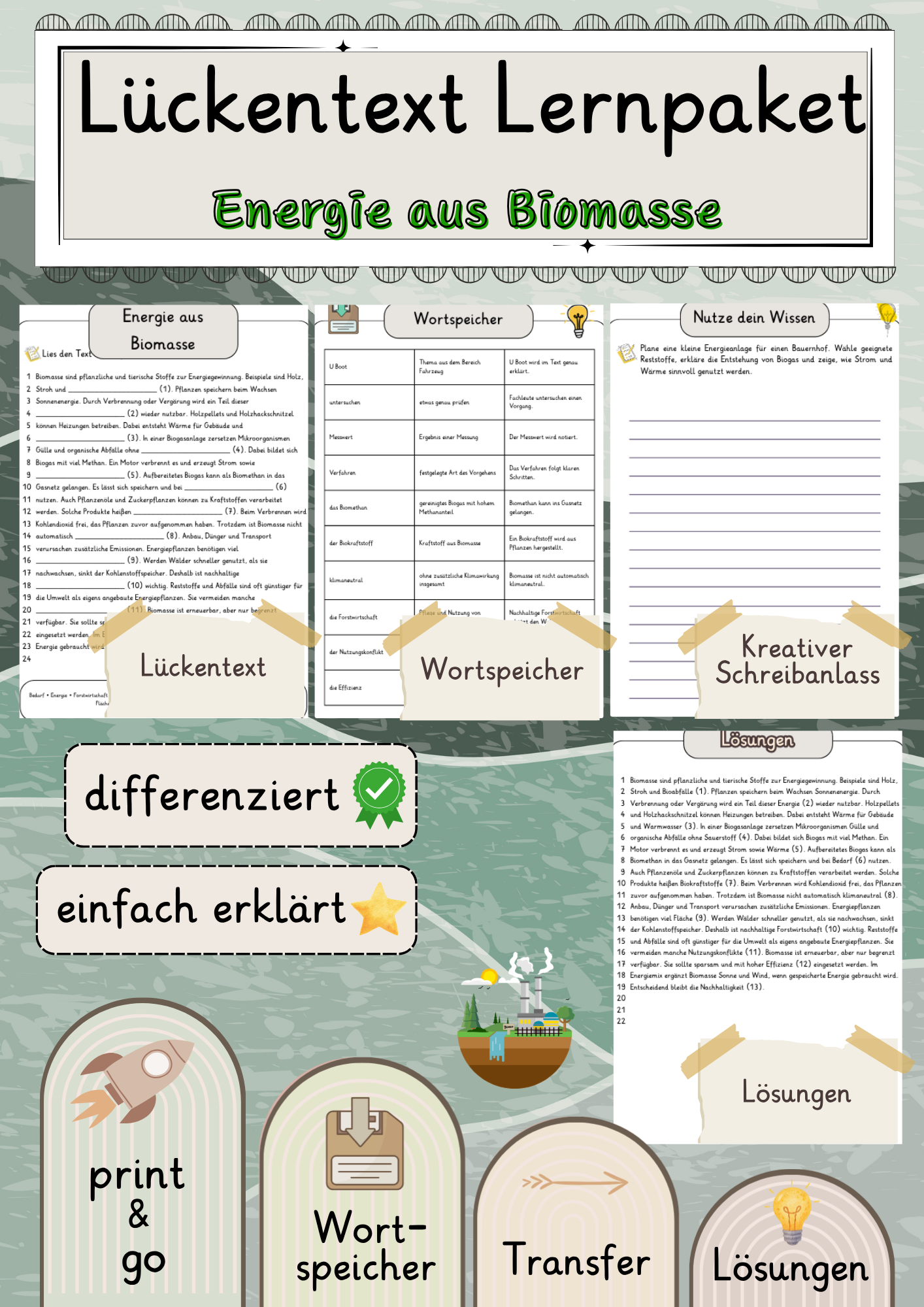Energie aus Biomasse Lückentext mit Wortspeicher und Transferaufgabe + Lösungen einfach erklärt