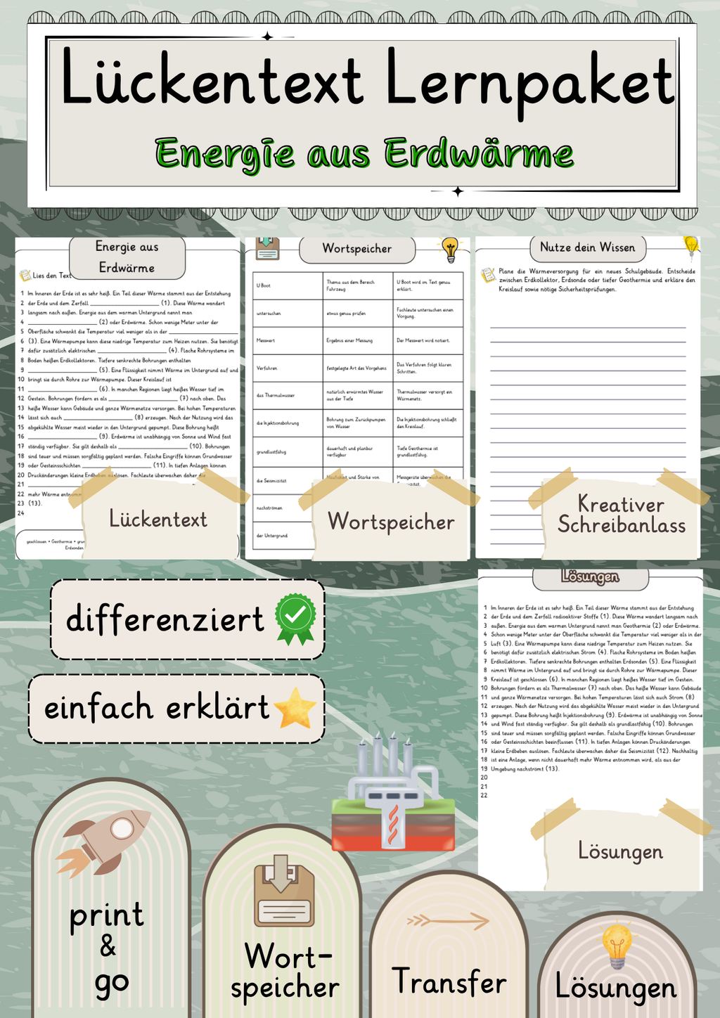 Energie aus Erdwärme Lückentext mit Wortspeicher und Transferaufgabe + Lösungen einfach erklärt
