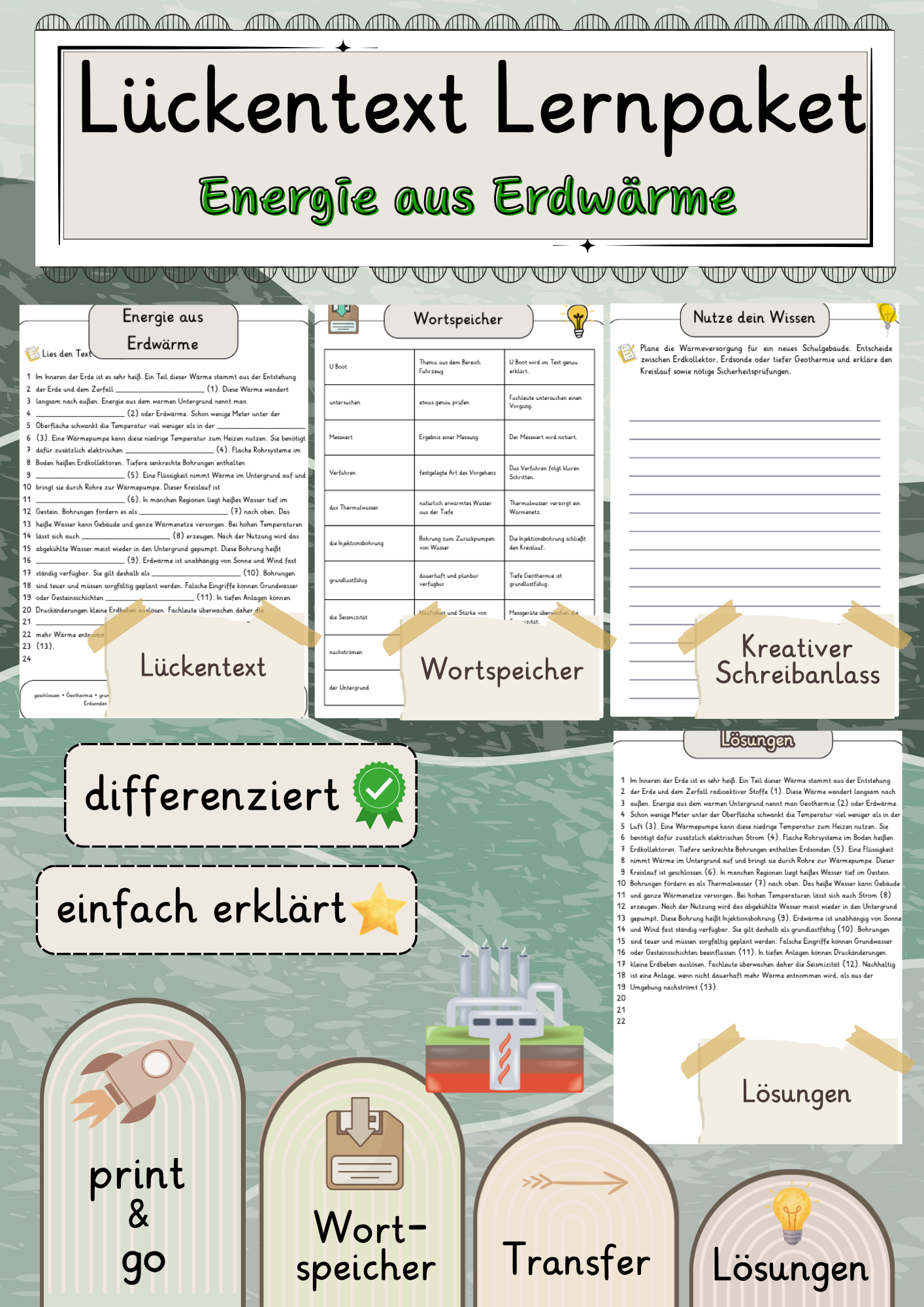 Energie aus Erdwärme Lückentext mit Wortspeicher und Transferaufgabe + Lösungen einfach erklärt