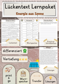 Energie aus Sonne  Lückentext Vertiefung mit Wortspeicher und Transferaufgabe + Lösungen