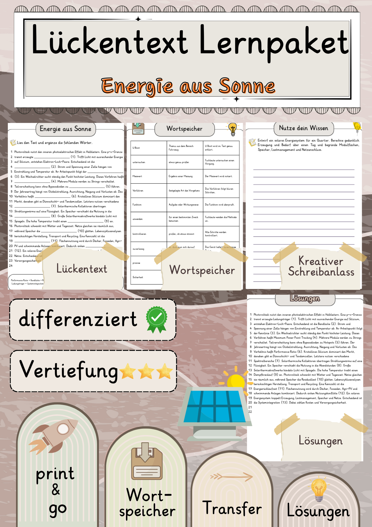 Energie aus Sonne  Lückentext Vertiefung mit Wortspeicher und Transferaufgabe + Lösungen