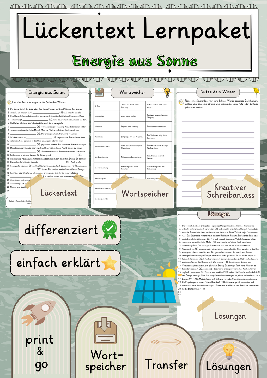 Energie aus Sonne Lückentext mit Wortspeicher und Transferaufgabe + Lösungen einfach erklärt