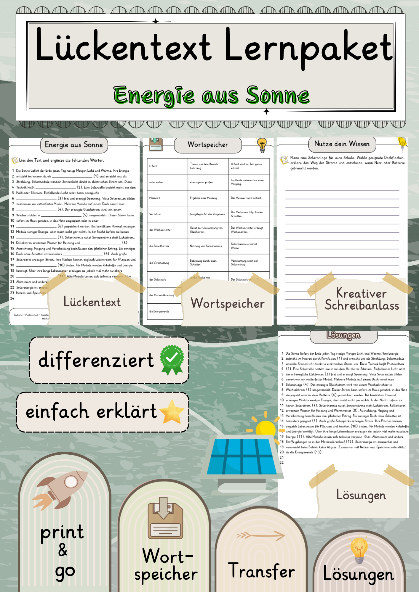 Energie aus Sonne Lückentext mit Wortspeicher und Transferaufgabe + Lösungen einfach erklärt