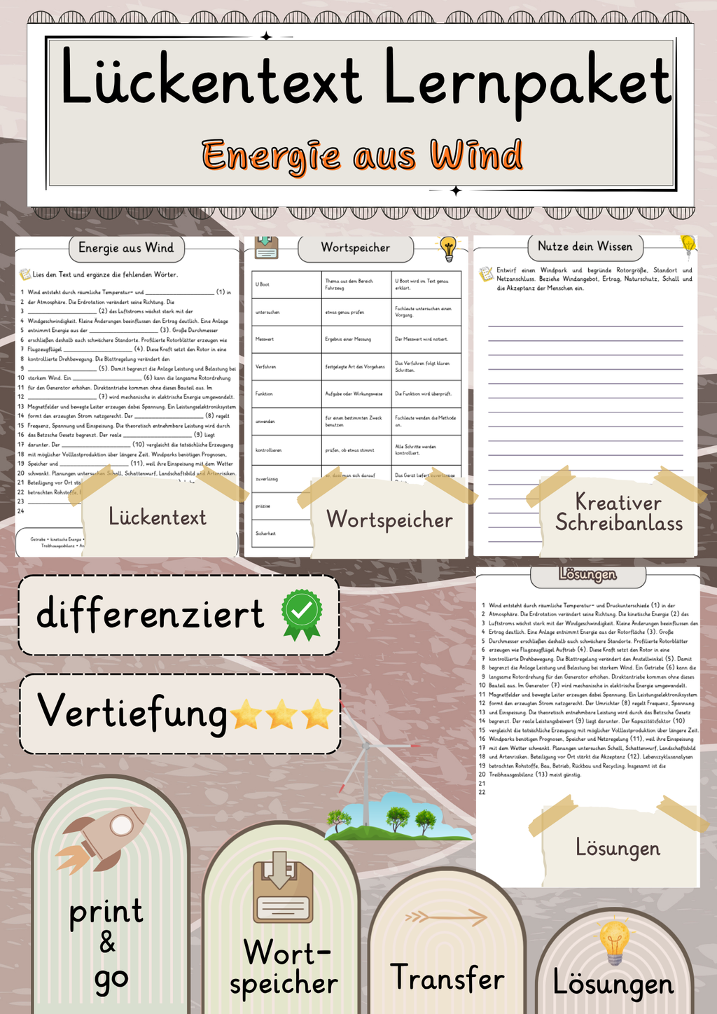 Energie aus Wind  Lückentext Vertiefung mit Wortspeicher und Transferaufgabe + Lösungen