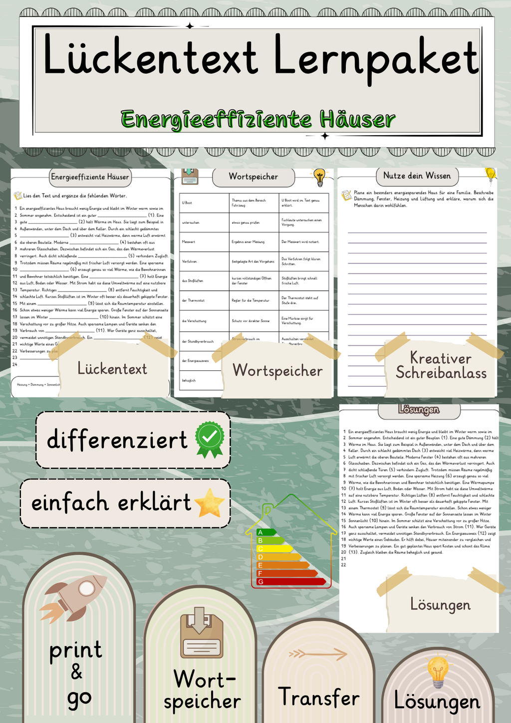 Energieeffiziente Häuser Lückentext mit Wortspeicher und Transferaufgabe + Lösungen einfach erklärt