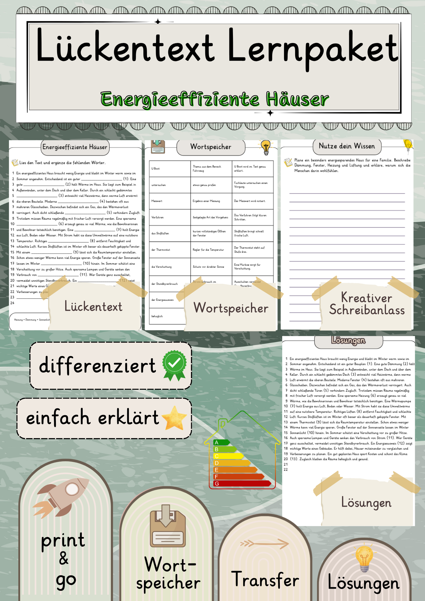 Energieeffiziente Häuser Lückentext mit Wortspeicher und Transferaufgabe + Lösungen einfach erklärt