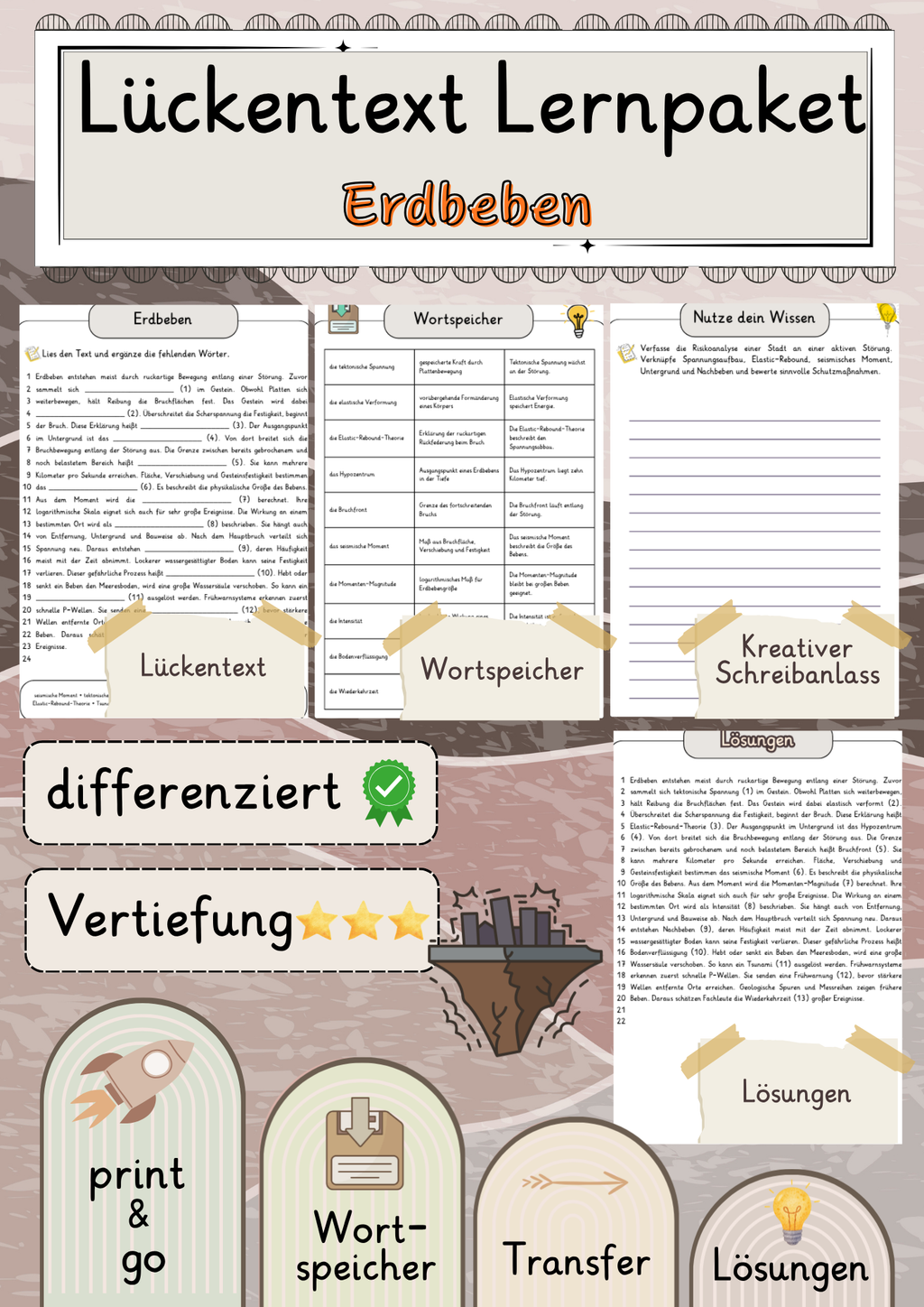 Erdbeben  Lückentext Vertiefung mit Wortspeicher und Transferaufgabe + Lösungen