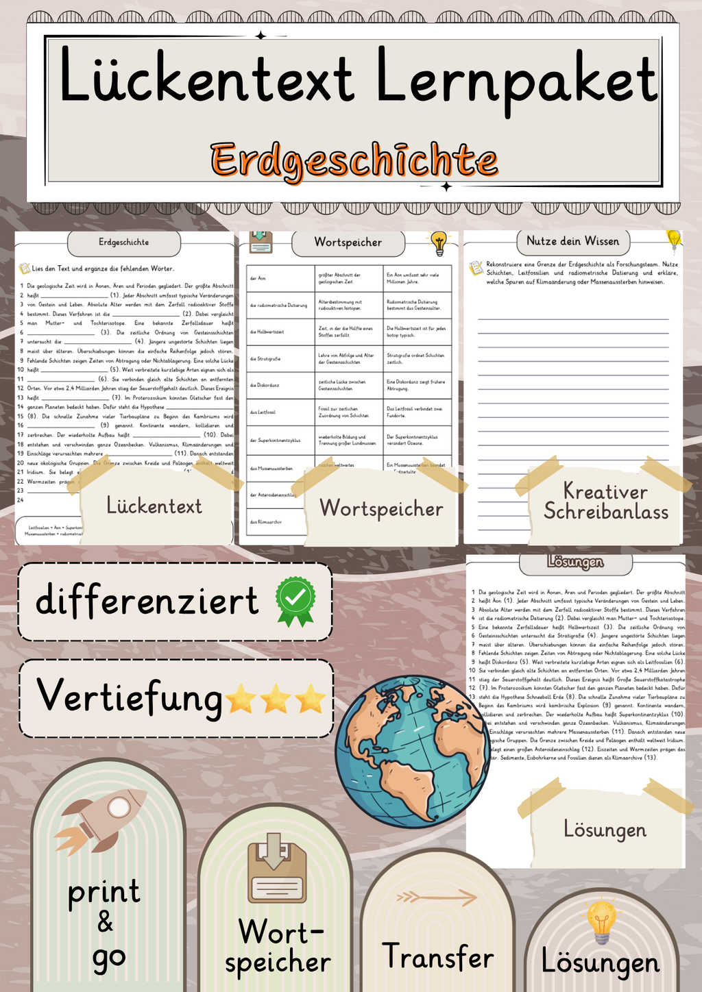 Erdgeschichte  Lückentext Vertiefung mit Wortspeicher und Transferaufgabe + Lösungen