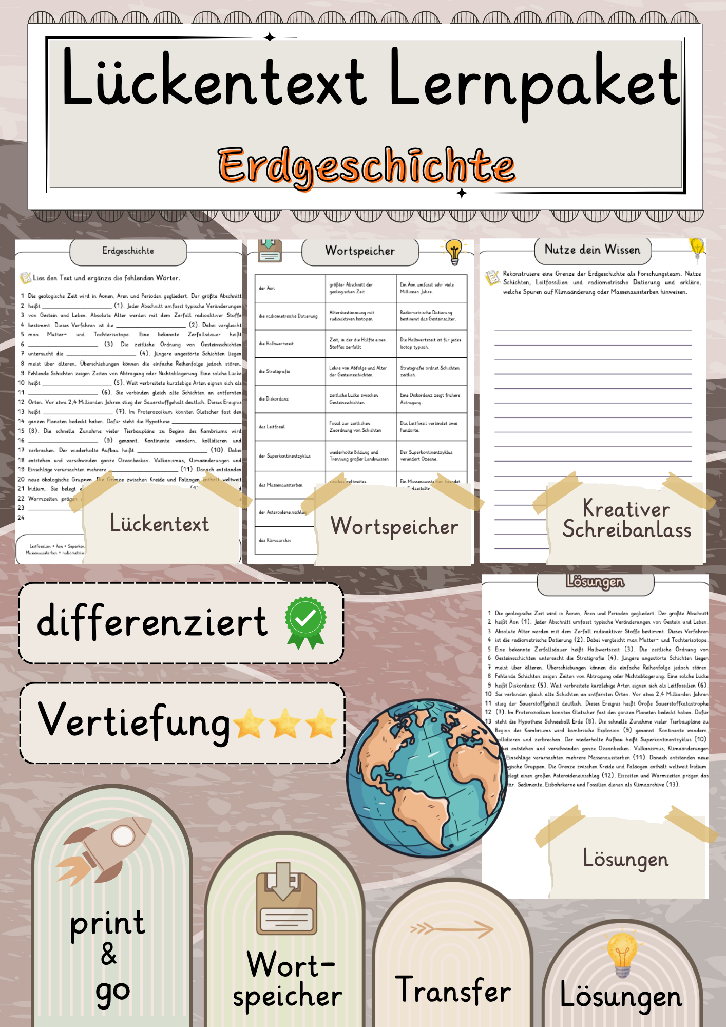Erdgeschichte  Lückentext Vertiefung mit Wortspeicher und Transferaufgabe + Lösungen