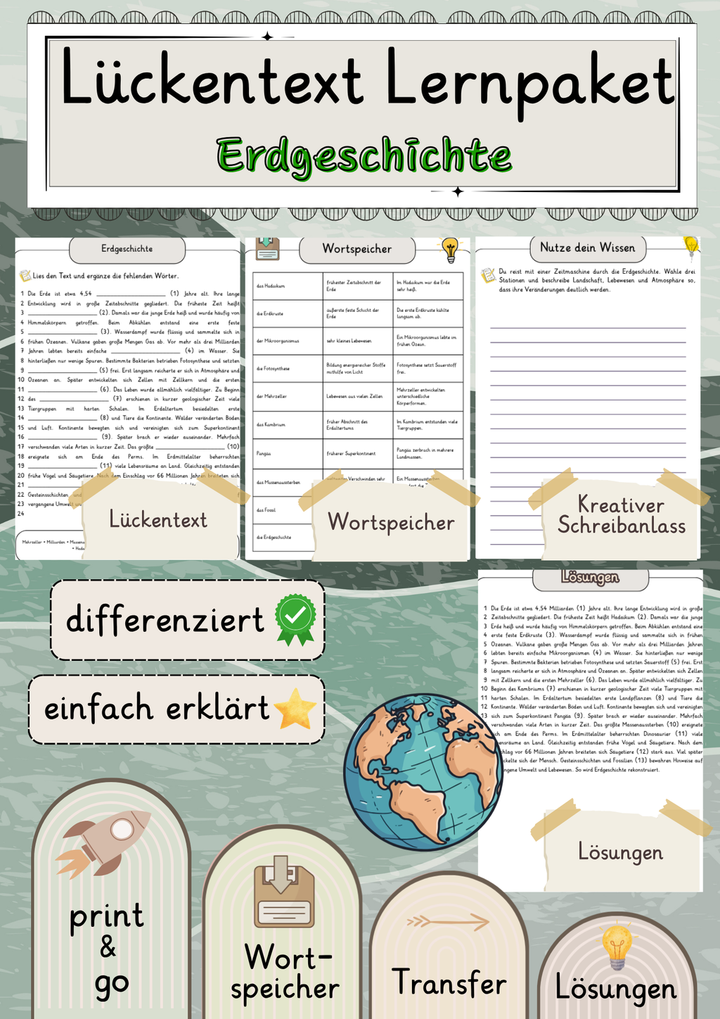 Erdgeschichte Lückentext mit Wortspeicher und Transferaufgabe + Lösungen einfach erklärt