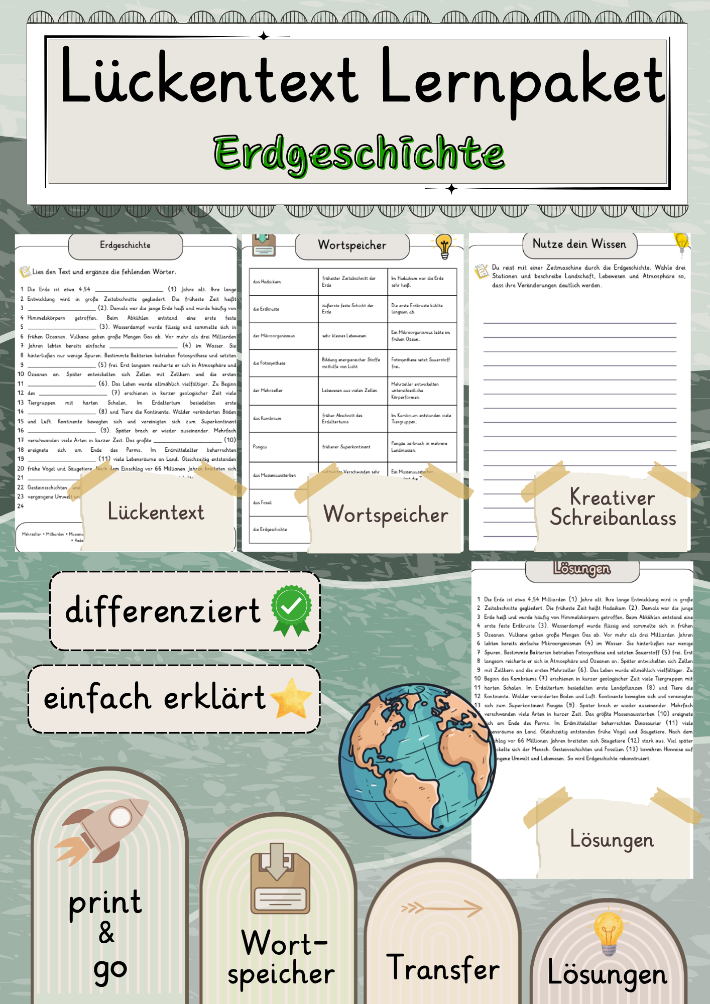 Erdgeschichte Lückentext mit Wortspeicher und Transferaufgabe + Lösungen einfach erklärt