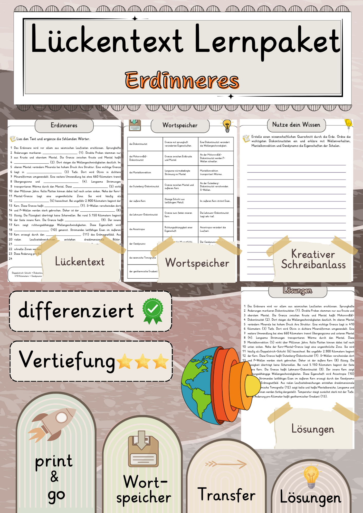 Erdinneres  Lückentext Vertiefung mit Wortspeicher und Transferaufgabe + Lösungen