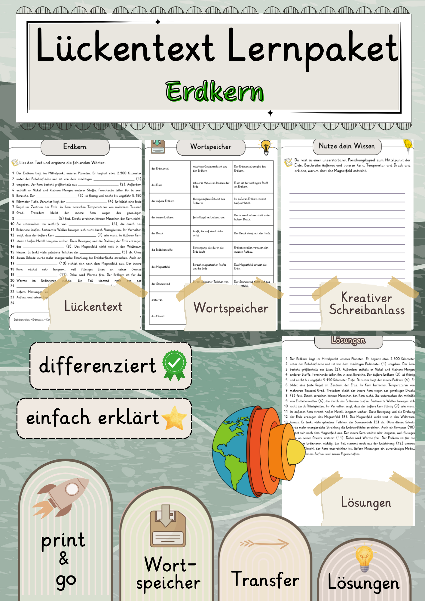 Erdkern Lückentext mit Wortspeicher und Transferaufgabe + Lösungen einfach erklärt