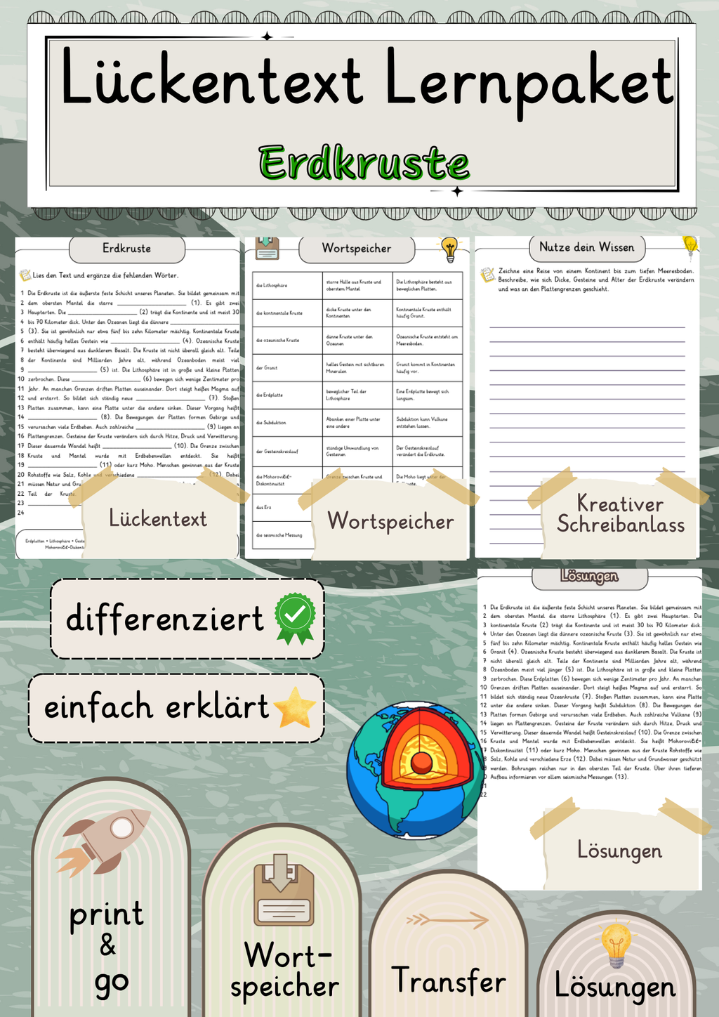 Erdkruste Lückentext mit Wortspeicher und Transferaufgabe + Lösungen einfach erklärt