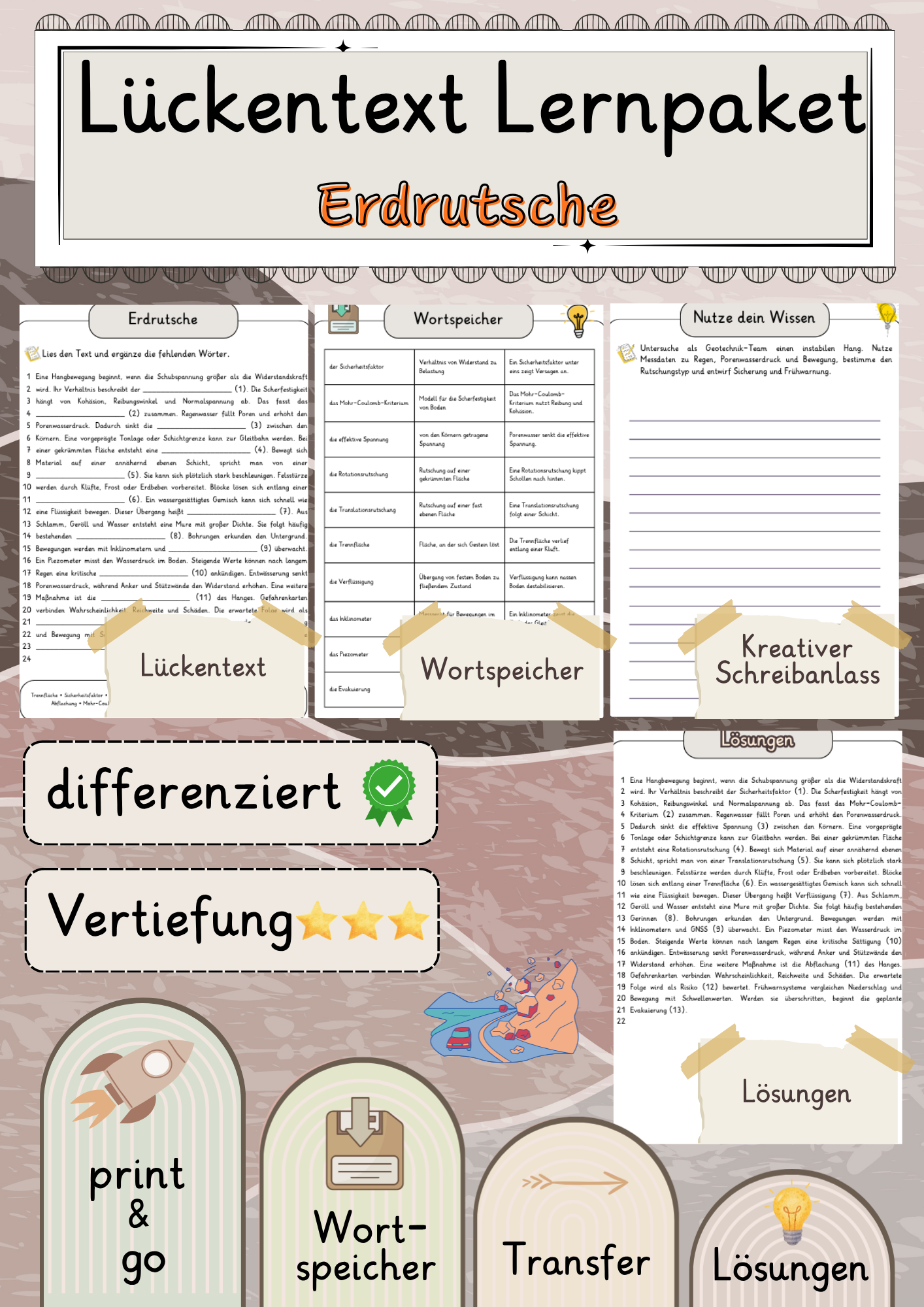 Erdrutsche  Lückentext Vertiefung mit Wortspeicher und Transferaufgabe + Lösungen