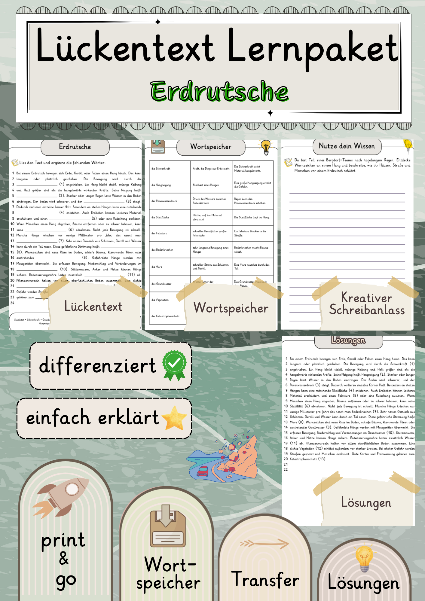 Erdrutsche Lückentext mit Wortspeicher und Transferaufgabe + Lösungen einfach erklärt