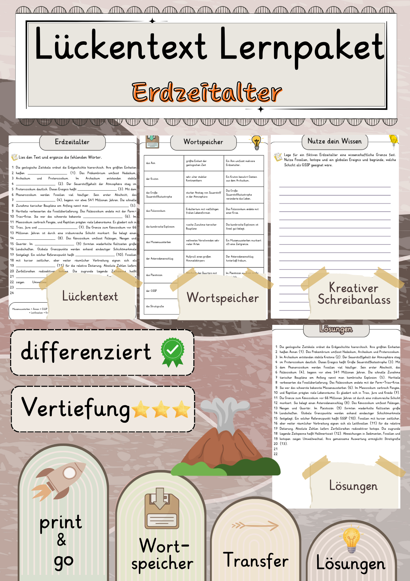 Erdzeitalter  Lückentext Vertiefung mit Wortspeicher und Transferaufgabe + Lösungen