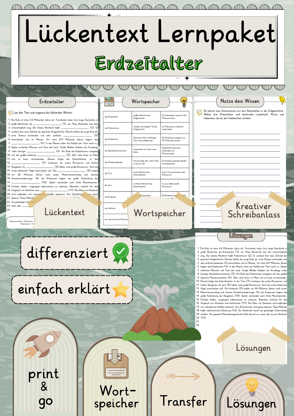 Erdzeitalter Lückentext mit Wortspeicher und Transferaufgabe + Lösungen einfach erklärt